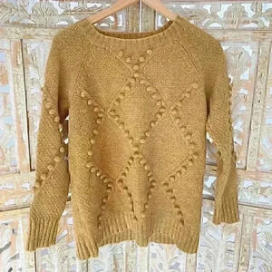 Anthropologie Wool Mustard Golden Pom Pom sweater Moth brand size Small